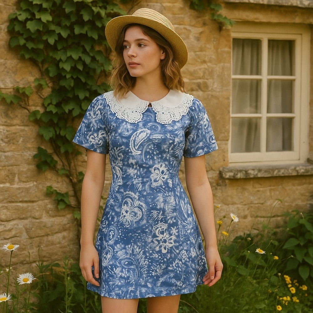 90s Abstract Mini Dress Short Sleeve Fitted Fit & Flare Paisley